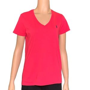 Polo Ralph Lauren Womens T-Shirt Size Medium Pink V-Neck Short Sleeve Pony